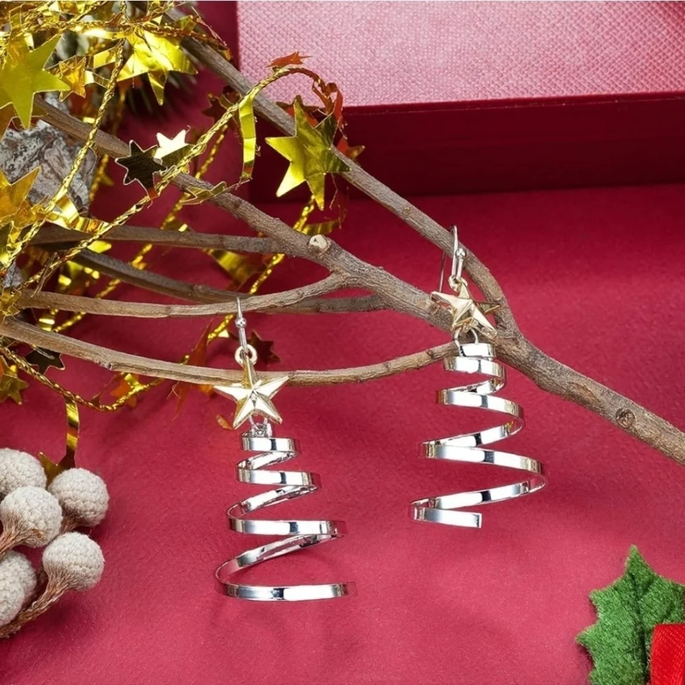 Women’s Jewelry Holiday Gold and Silver Star Spiral Tree Dangle Earrings